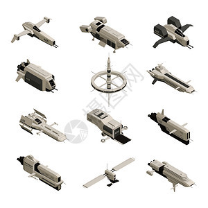 等距单色集同大小形状的船舶隔离白色背景三维矢量插图上太空船等距集图片