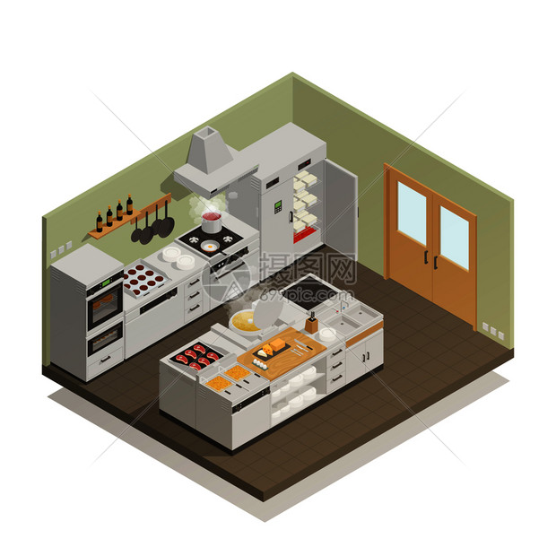 大餐厅厨房与专业烹饪设备等距成的白色背景三维矢量插图厨房等距成图片