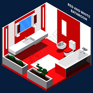 红白浴室内部与管道装饰植物等距成矢量插图浴室内部等距成图片