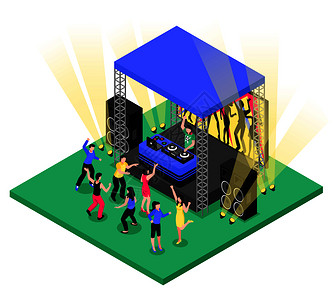 户外派活动DJ音乐设备帐篷安装等距构图与舞蹈人矢量插图DJ音乐等距构图图片