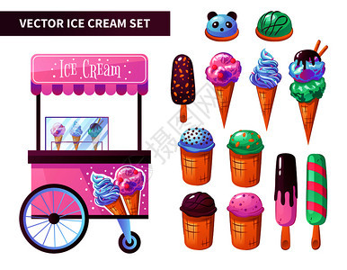 冰淇淋车产品与巧克力香草冷冻酸奶小吃酒吧华夫饼锥分离矢量插图冰淇淋推车产品套装图片