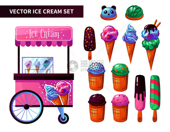 冰淇淋车产品与巧克力香草冷冻酸奶小吃酒吧华夫饼锥分离矢量插图冰淇淋推车产品套装图片