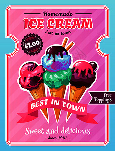 冰淇淋咖啡馆自制甜点广告海报与美味的锥巧克力配料粉红色背景矢量插图冰淇淋海报图片