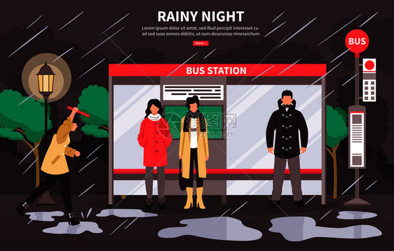 恶劣天气运输网页海报,人们公共汽车站等待雨夜矢量插图雨天公共汽车站图片