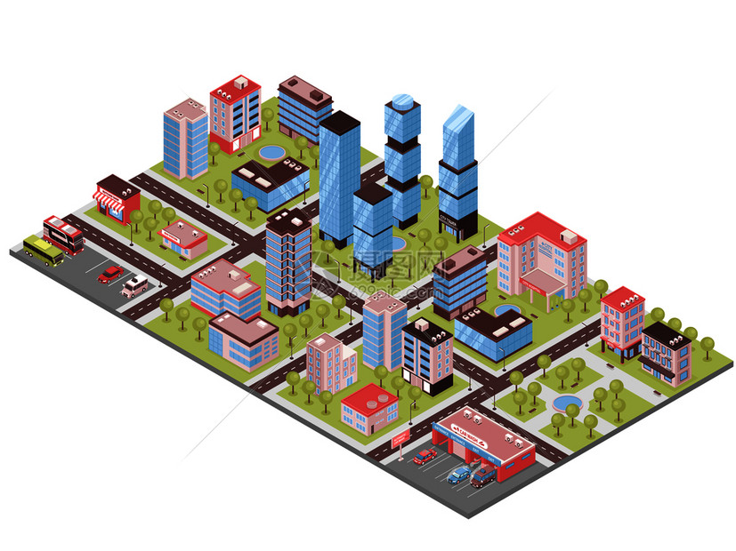 城市区域等距构成与商业中心写字楼汽车维修公园商店建筑矢量插图城市建筑等距成图片