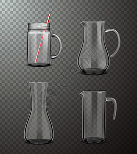 透明背景矢量插图上,四个同形式的璃壶,以真实的风格璃水壶真实透明的图片