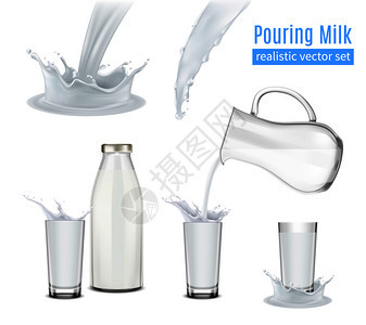 倒入牛奶与飞溅的现实图标璃瓶烧杯隔离矢量插图倒牛奶的现实成分背景图片