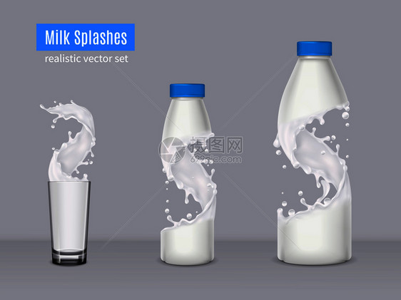 牛奶用两个塑料瓶装满牛奶矢量插图的璃烧杯溅出真实的成分牛奶溅出真实的成分图片