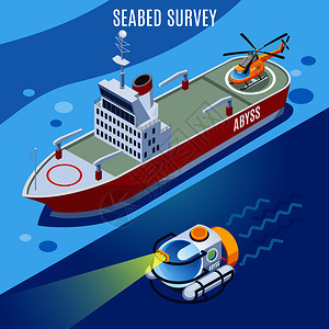 海床调查背景,研究容器水下设备与明亮的聚光灯,等距矢量插图海床调查背景图片