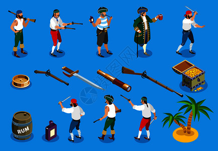 海盗等距图标与朗姆酒,海洋配件,宝岛,孤立蓝色背景矢量插图海盗等距图标图片