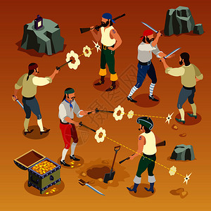 海盗游戏等距构图与男子战斗的沙子背景与弹孔矢量插图海盗游戏等距构图图片
