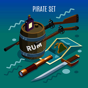 海盗套包括,宝藏,间谍璃,瓶子桶朗姆游戏背景等距矢量插图海盗集等距游戏背景图片