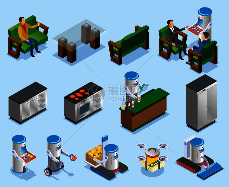 等距机器人餐厅行业成与同元素的机器人厨房矢量插图等距机器人餐厅行业成图片
