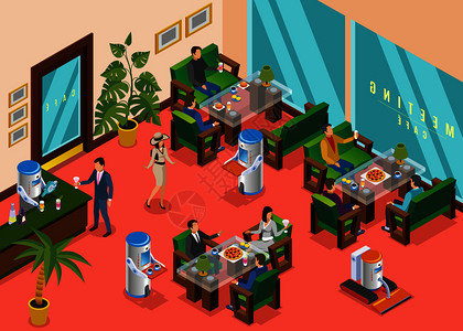 等距彩色机器人餐厅构图大厅,游客由机器人服务员矢量插图服务等距彩色机器人餐厅成图片