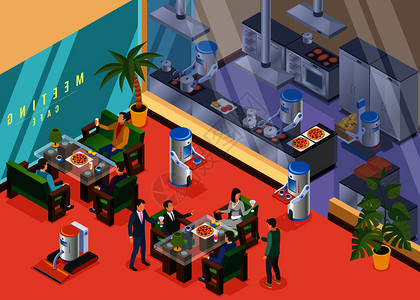 等距彩色机器人餐厅的与专业餐厅与同事机器人矢量插图等距机器人餐厅的图片