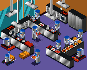 等距机器人餐厅成与机器人餐厅厨房的工作分配烹饪矢量插图等距机器人餐厅成图片