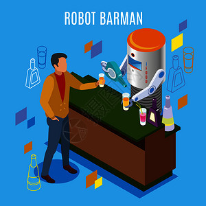 等距机器人餐厅背景与机器人巴曼标题机器倒饮料个人类游客矢量插图等距机器人餐厅背景图片