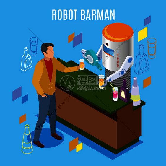 等距机器人餐厅背景与机器人巴曼标题机器倒饮料个人类游客矢量插图等距机器人餐厅背景图片