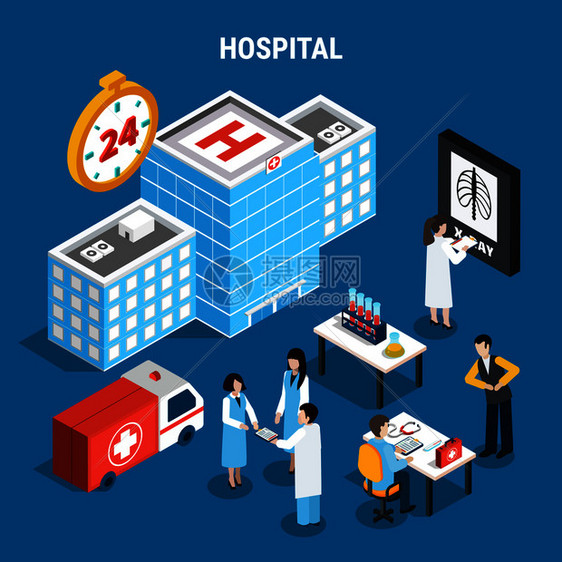 医疗等距与医院大楼救护车医生工作中隔离的蓝色背景三维矢量插图医疗等距装置图片