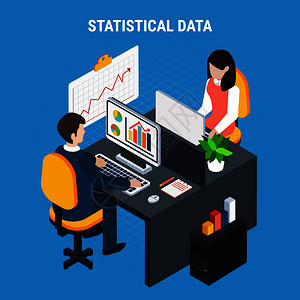 统计数据等距背景与男女同事处理信息他们的工作场所矢量插图统计数据等距背景图片