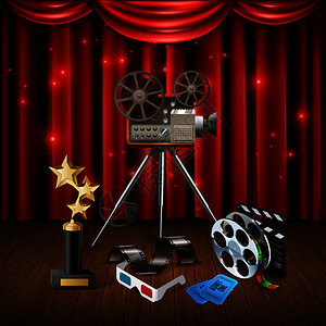 现实的电影院背景与奖杯3D眼镜摄像机隔板闪闪发光的红色窗帘矢量插图电影现实背景图片