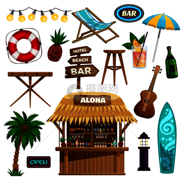 暑假图标平房酒吧热带水果套配件休息海洋海滩矢量插图暑假图标图片