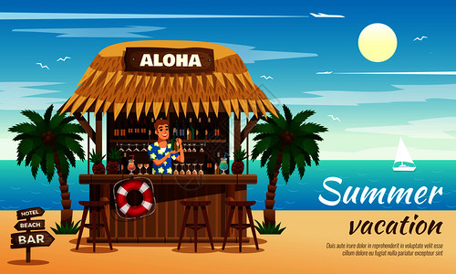 暑假水平矢量插图与调酒师准备鸡尾酒热带平房酒吧海洋海岸暑假水平插图图片