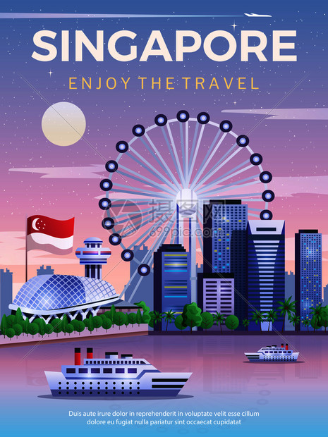 新加坡旅游海报与城市天际线码头湾平矢量插图新加坡旅游海报图片