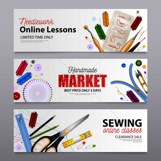 手工市场现实横幅与广告的针线线课程缝纫线课程矢量插图缝制逼真的横幅图片