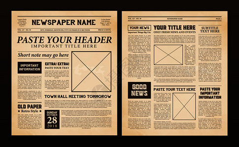 旧老式报纸2现实页模板,为您标题,标题,版本,文本,矢量插图报纸页模板复古背景图片