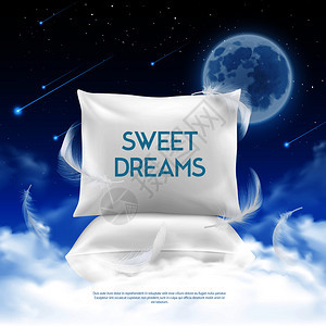 更好的夜间睡眠垫现实推广海报与羽毛轻枕甜梦与黑暗的天空矢量插图夜间睡眠写实构图图片