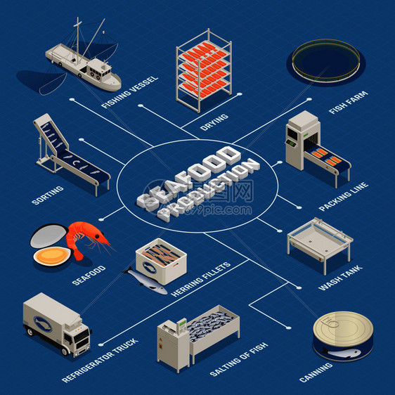 鱼业海鲜生产等距流程图与现成食品项目的孤立图像工厂设备矢量插图海鲜生产工艺流程图图片