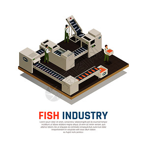 海鲜工厂鱼类工业海鲜生产等距成与自动工业输送机的海洋食品与可编辑文本矢量插图海洋食品生产背景插画