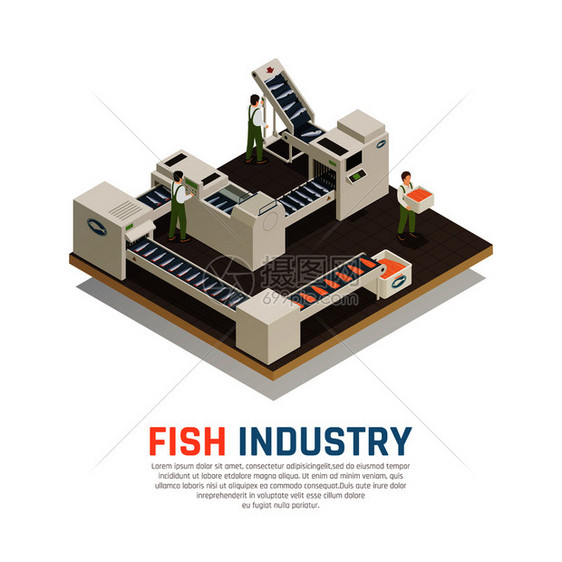鱼类工业海鲜生产等距成与自动工业输送机的海洋食品与可编辑文本矢量插图海洋食品生产背景图片