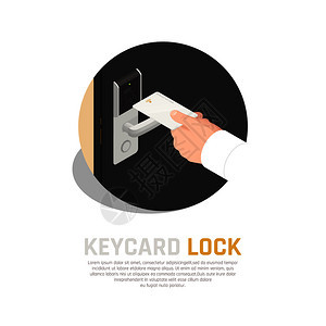 门禁识别等距成的钥匙卡人手与客房门手柄传感器矢量插图酒店卡锁背景背景图片