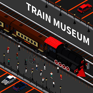 火车博物馆等距构图与黑色红色复古机车旧车厢,游客摄影矢量插图火车博物馆等距构图图片