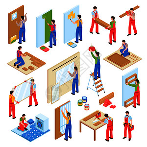 家庭维修改造服务人员等距收集与墙壁油漆层压板地板铺设孤立矢量插图家庭维修等距装置图片