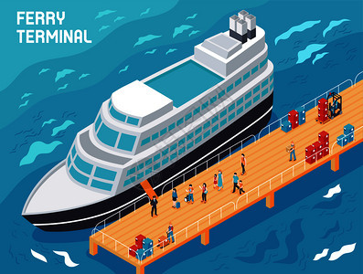 渡轮码头与现代船只,游客装载机与货物码头,等距矢量插图渡船码头等距插图图片