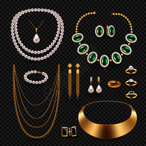 珠宝配件逼真透明套与戒指项链耳环隔离矢量插图珠宝配件透明套装图片