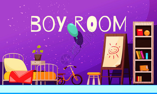 男孩房间紫色与床,书架与书籍,自行车,板与绘图卡通矢量插图男孩房间卡通插图图片