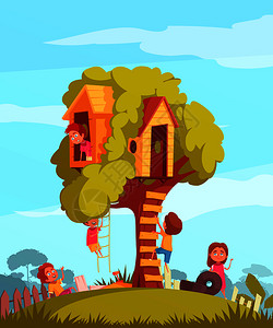 树屋与梯子快乐的孩子游戏蓝天背景卡通矢量插图儿童背景的树屋图片