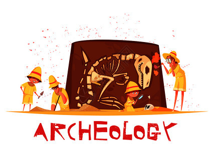 群探险家考古挖掘龙骨架卡通矢量插图期间用工作工具考古挖掘龙骨架插图图片