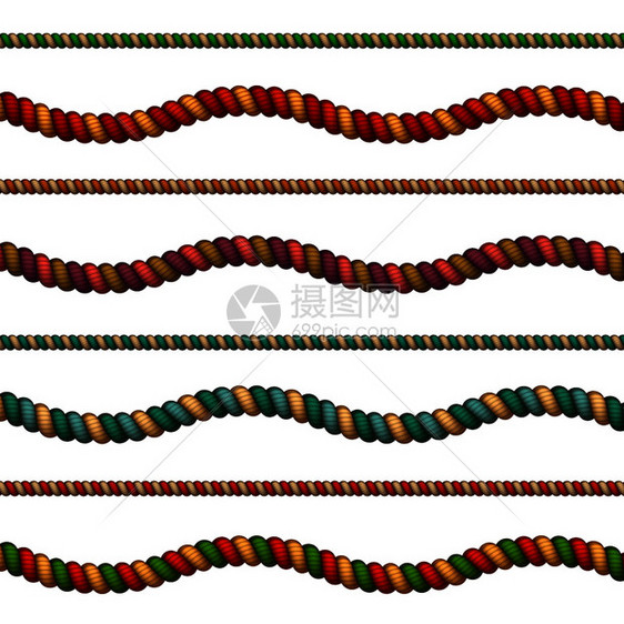 装饰彩色绳,逼真的水平波浪直样品收集工艺,销售广告,孤立矢量插图五颜六色的绳子图片