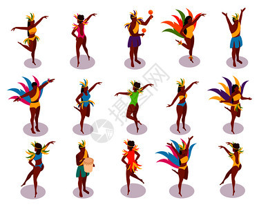 巴西狂欢节等距的人穿着五颜六色的服装,舞蹈矢量插图期间,用羽毛乐器演奏巴西狂欢节等距人群图片