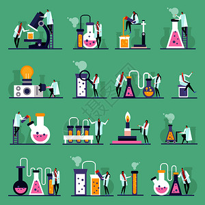 科学实验室平图标,人类字符,试管小瓶与物质,绿色背景,矢量插图科学实验室平图标图片