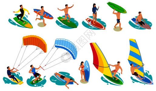 冲浪等距图标与图像冲浪者各种模型各种帆冲浪板矢量插图冲浪板类型图标图片