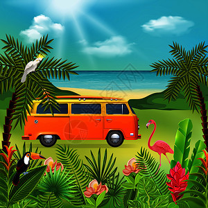 热带天堂的成与海洋自然景观五颜六色的植物与嬉皮迷你包车花卉矢量插图嬉皮士范假日作文图片