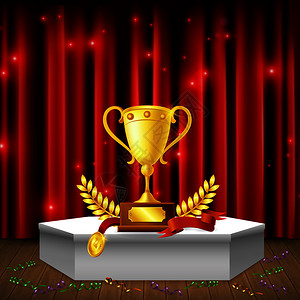 白色基座与奖项,流光地板上,现实的构图背景上的红色闪闪发光的窗帘矢量插图基座与奖项的现实成图片