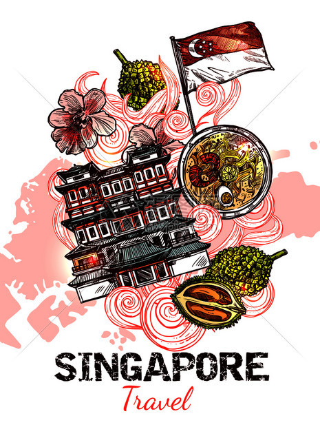 新加坡手绘素描海报与共国佛牙遗迹寺庙滨海湾金沙图标矢量插图新加坡手绘草图海报图片