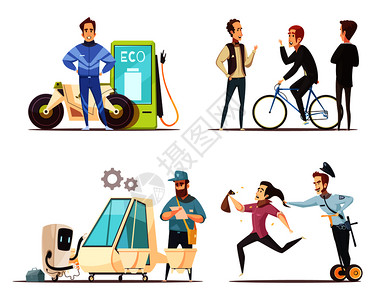 生态运输4卡通图标广场与电动汽车自行车绿色燃料摩托车孤立矢量插图生态运输卡通图标图片